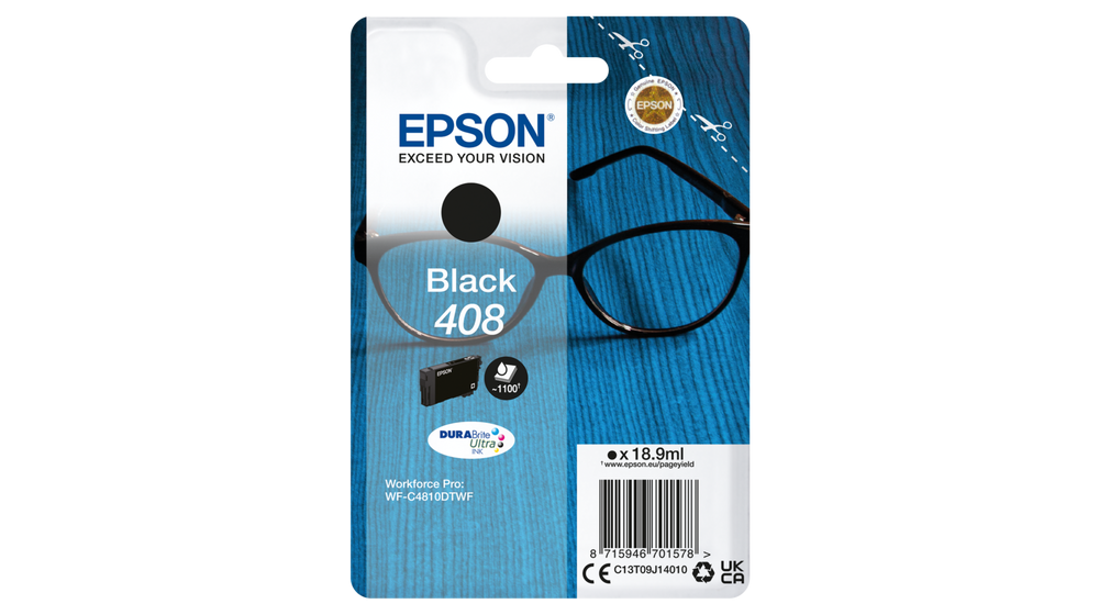 Epson Singlepack Black 408 DURABrite Ultra Ink, 18.9ml, WorkForce Pro