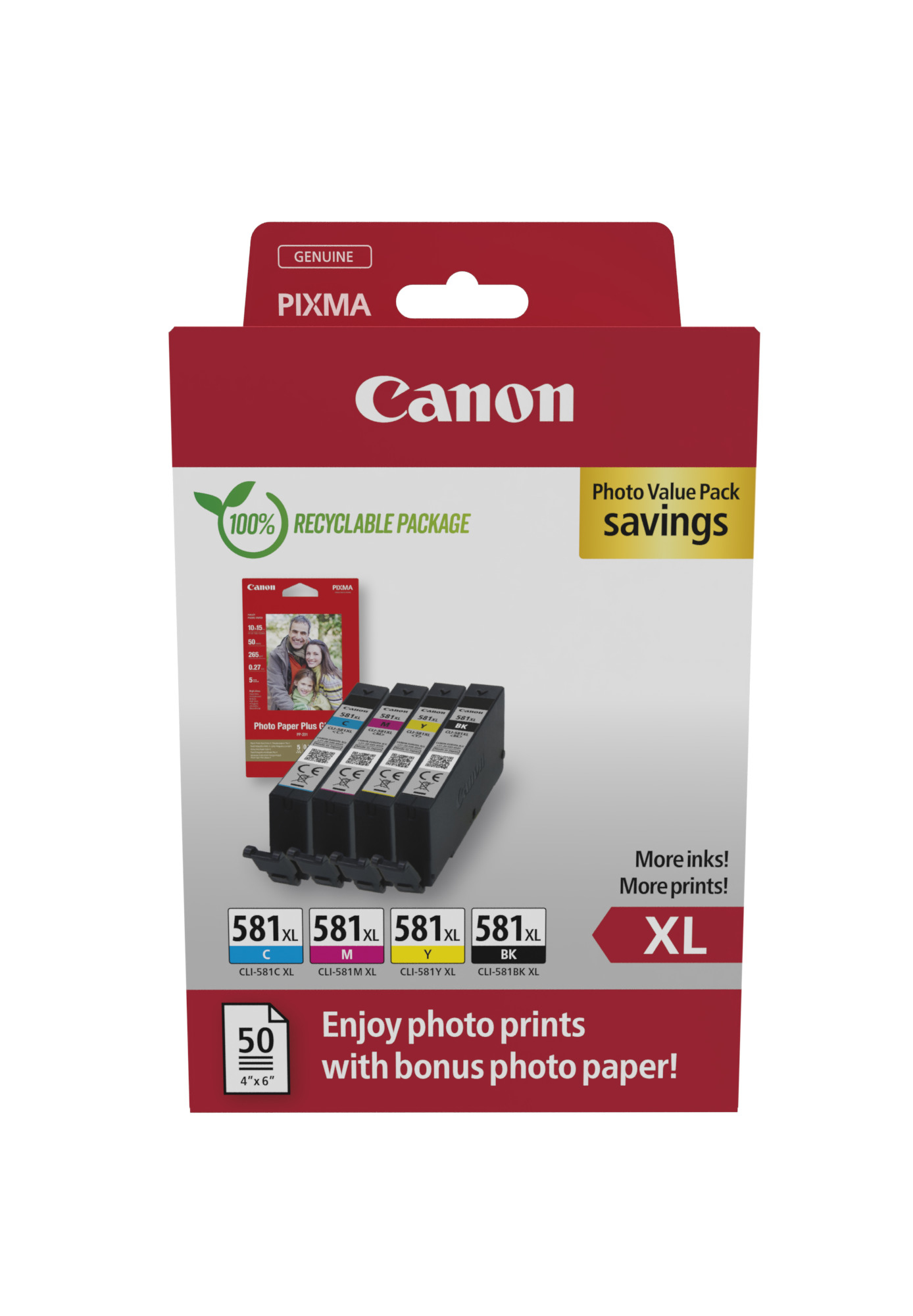 2052C006AA Pachet foto 4 cartuse Canon BK+C+M+Y cap. mare CLI-581XL + hartie foto 10x15 50coli NEW