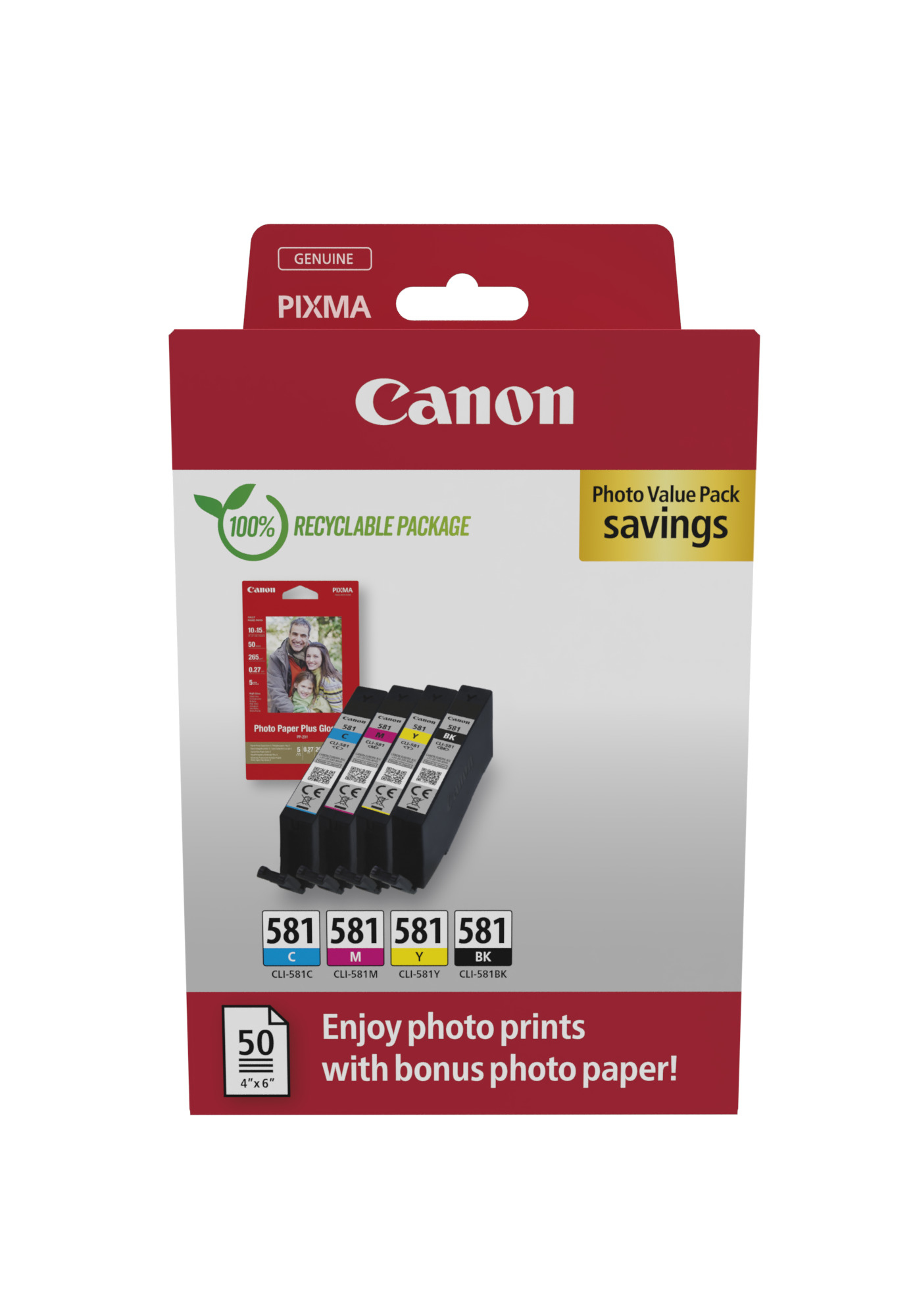 2106C006AA Pachet foto 4 cartuse Canon BK+C+M+Y CLI-581 + hartie foto 10x15 50coli NEW PACK