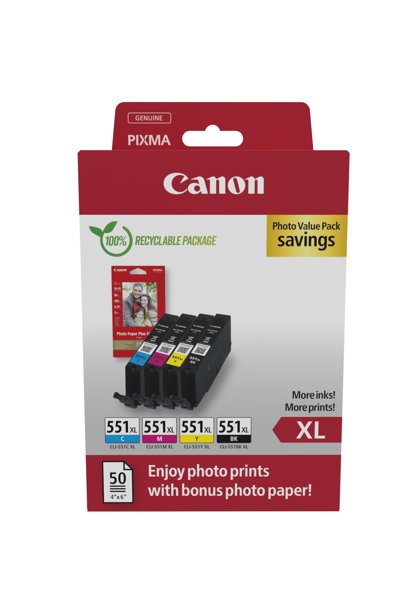 6443B008AA Pachet foto 4 cartuse Canon BK+C+M+Y cap. mare CLI-551XL + hartie foto 10x15 50coli NEW