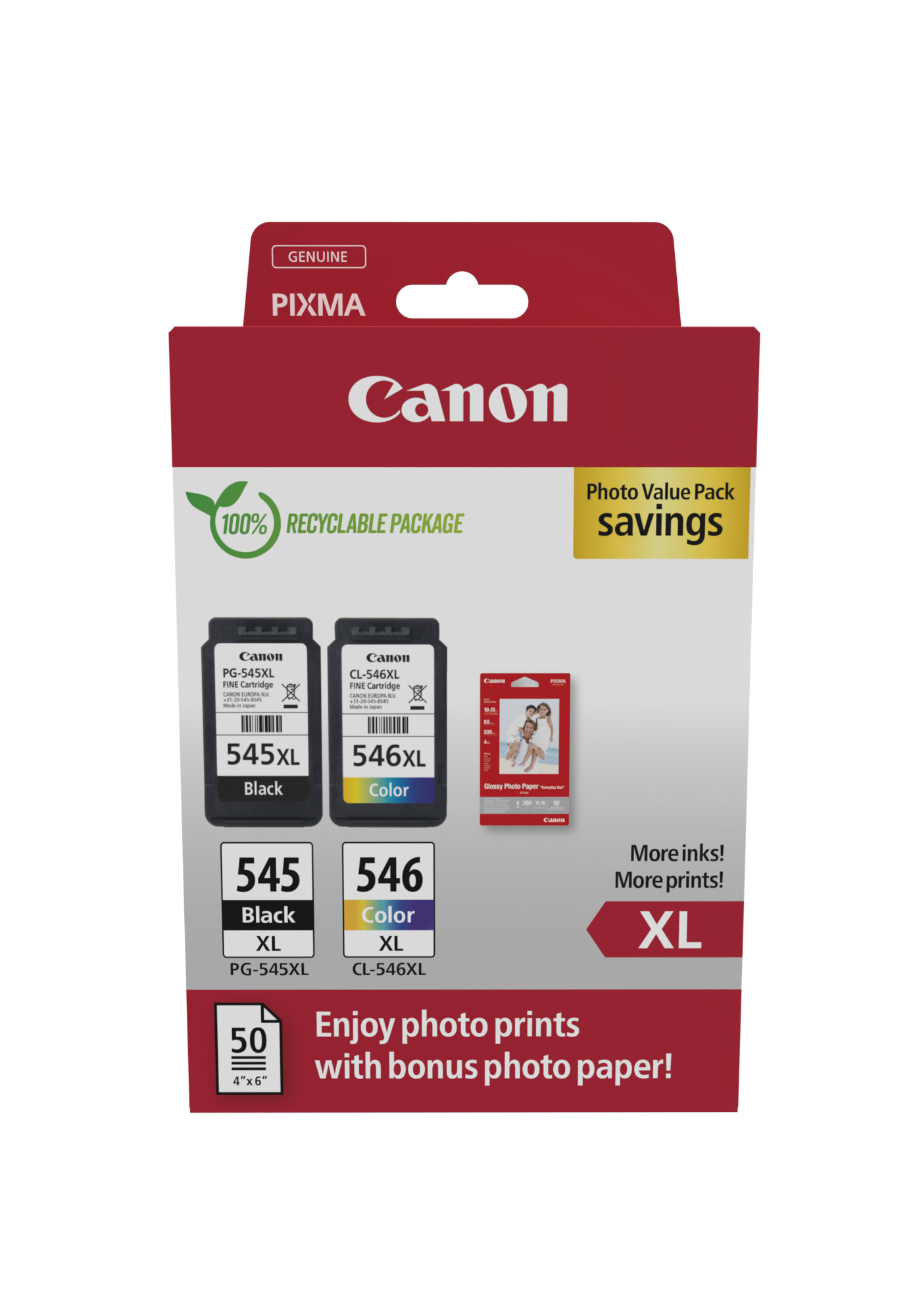 8286B011AA Pachet foto 2 cartuse Canon cap. mare PG-545XL + CL-546XL + hartie foto 10x15 50coli NEW