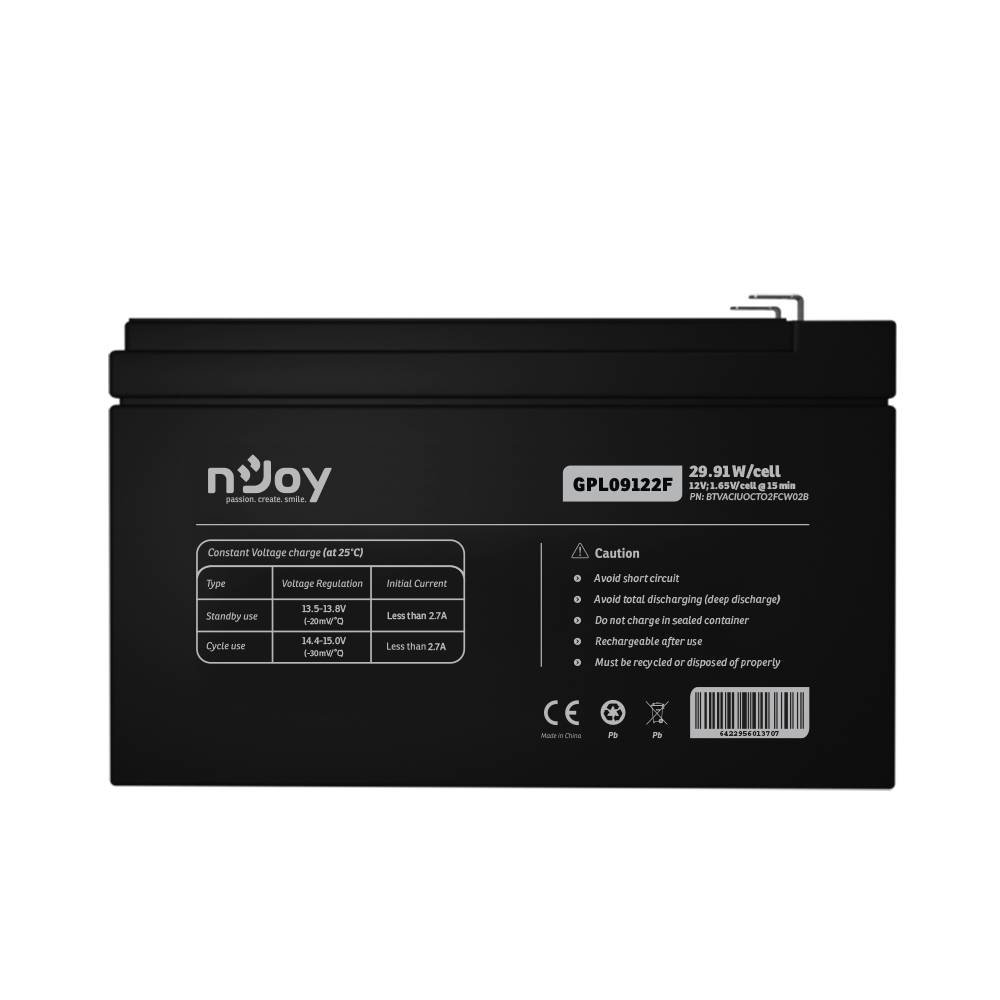Acumulator nJoy GPL09122F 12V 30.55W/cell, Capacitate 30.55W/cell evaluat la 1,65V/cell@15
